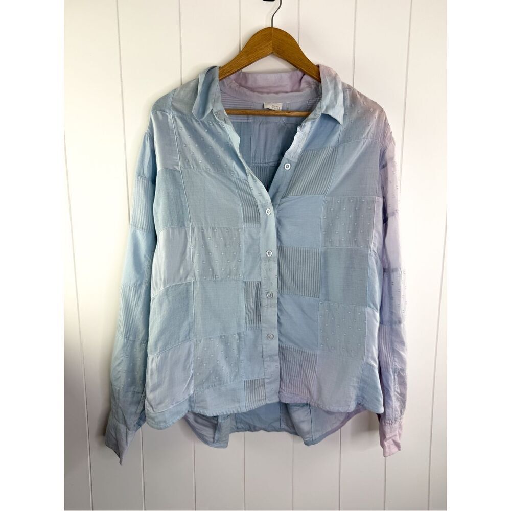 NWT Ecru Streep Patchwork Shirt Soft Blue‎ Button Down Size XL Cottagecore $198